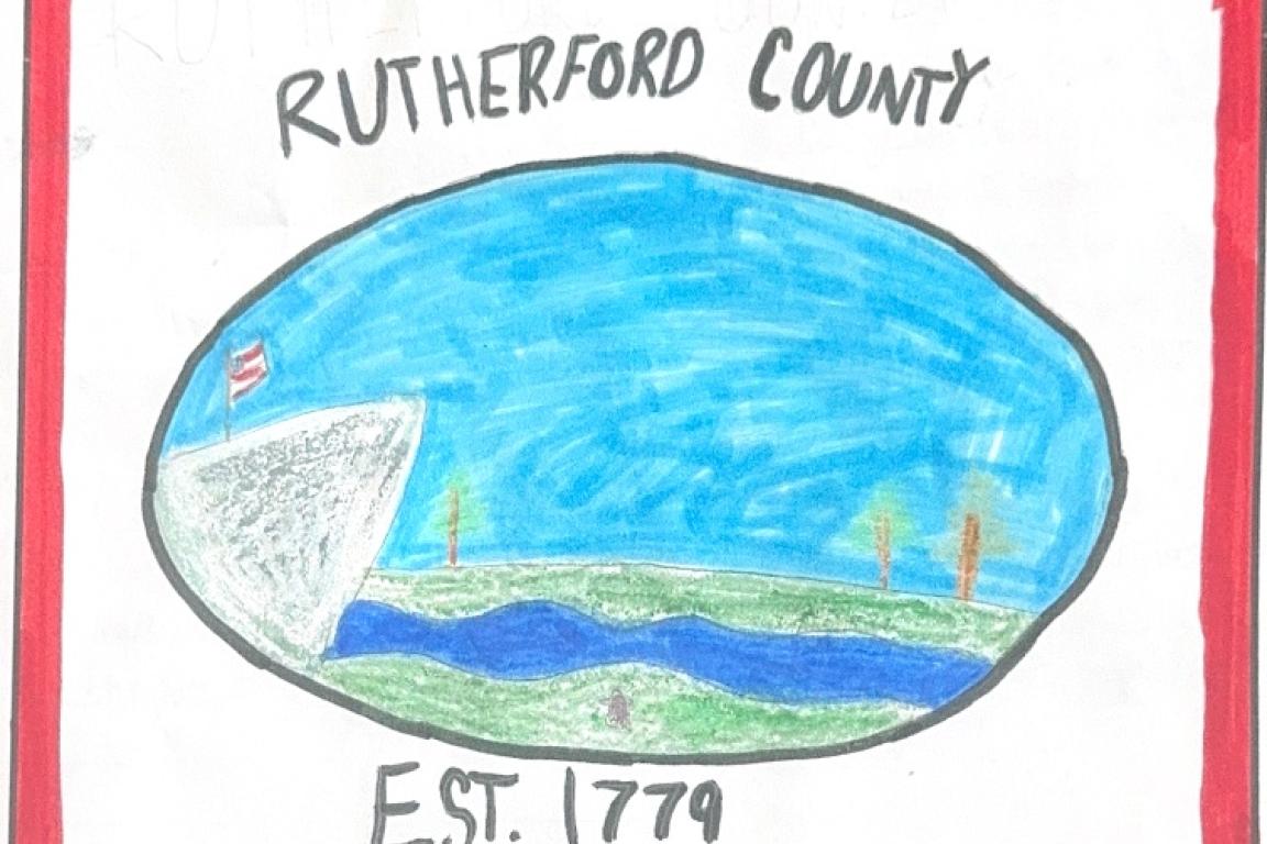 Hand drawn flag with red border, says "Rutherford County" on the top 