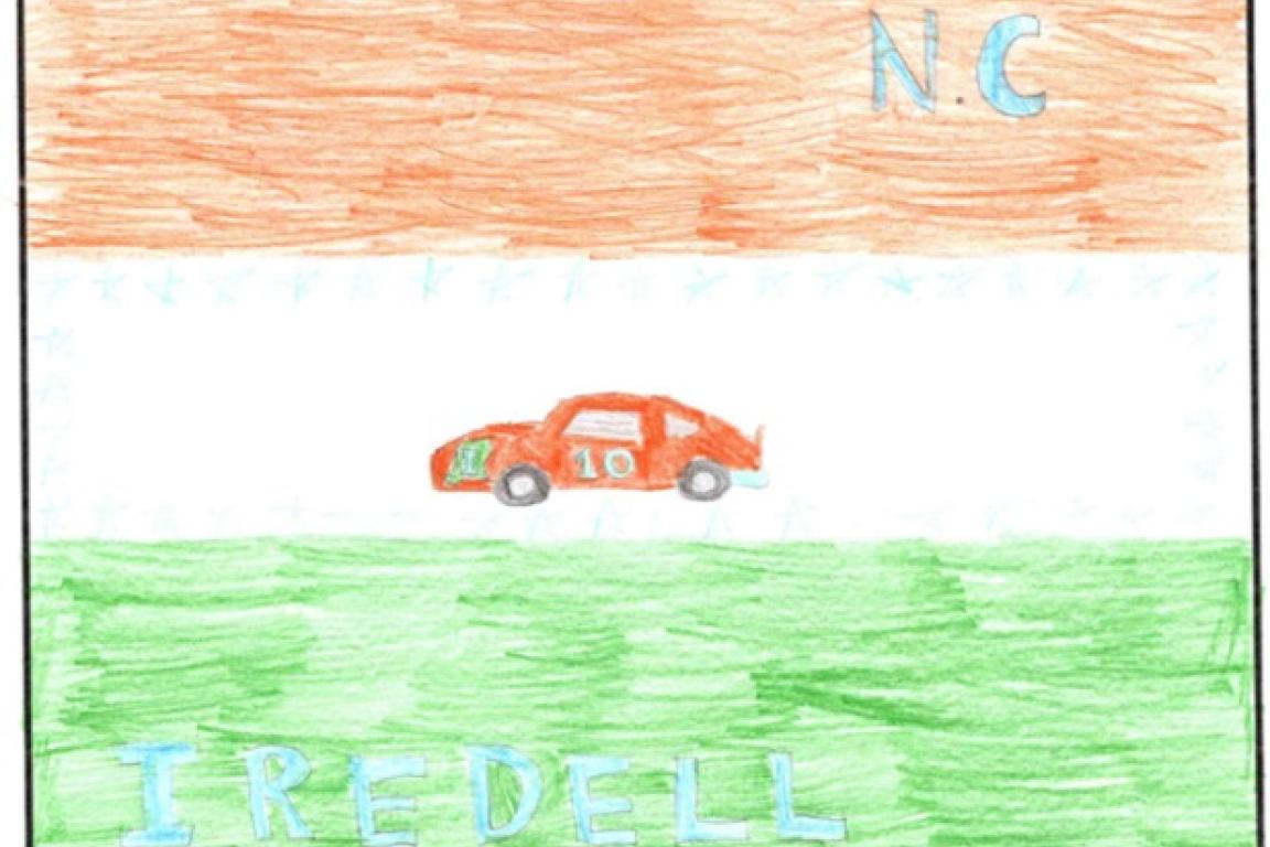 Orange and green flag design with a orange car in the middle