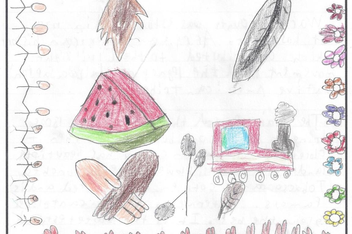 Child's drawing with various symbols including watermelon and a train