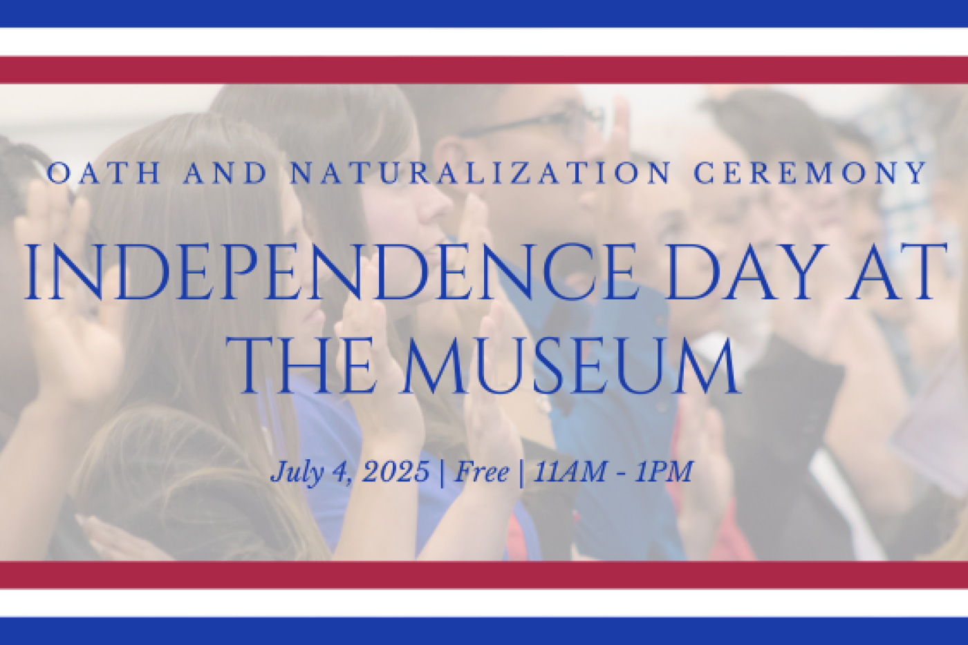 A graphic detailing information for the event. A faded image of people raising their hands is in the background.