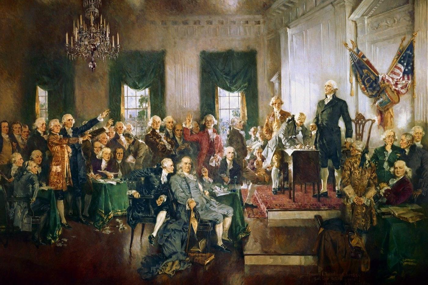 A portrait of people gathering for the U.S. Constitution.