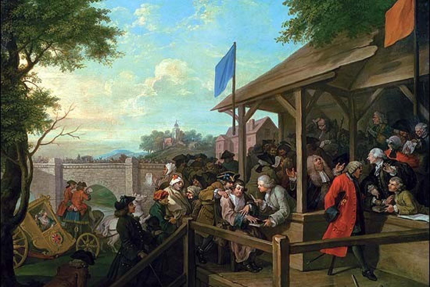 A painting depicting an election in the 1750's.