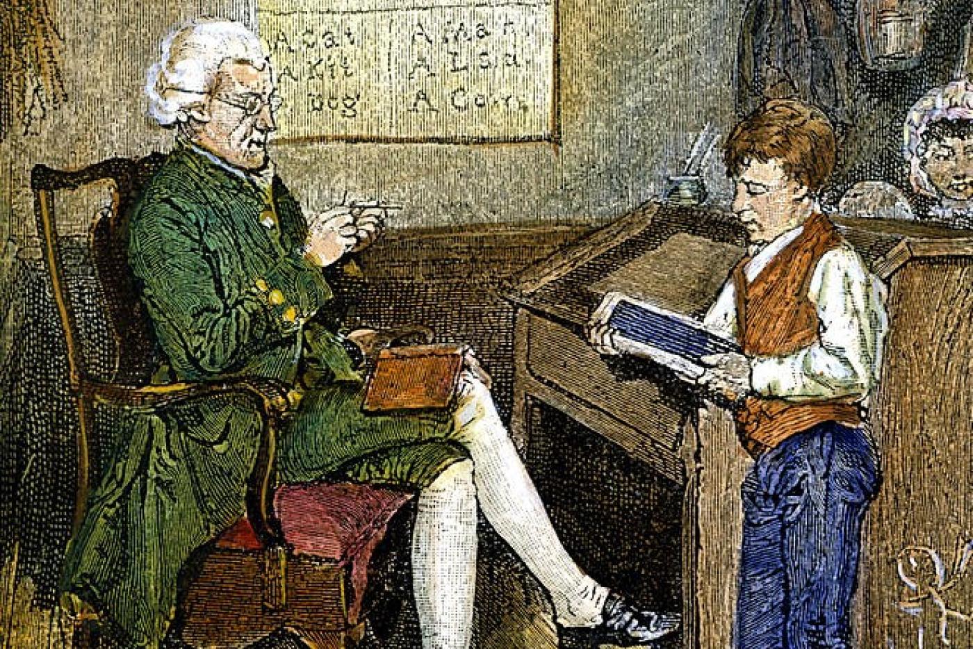 An illustration depicting a schoolmaster and his student.