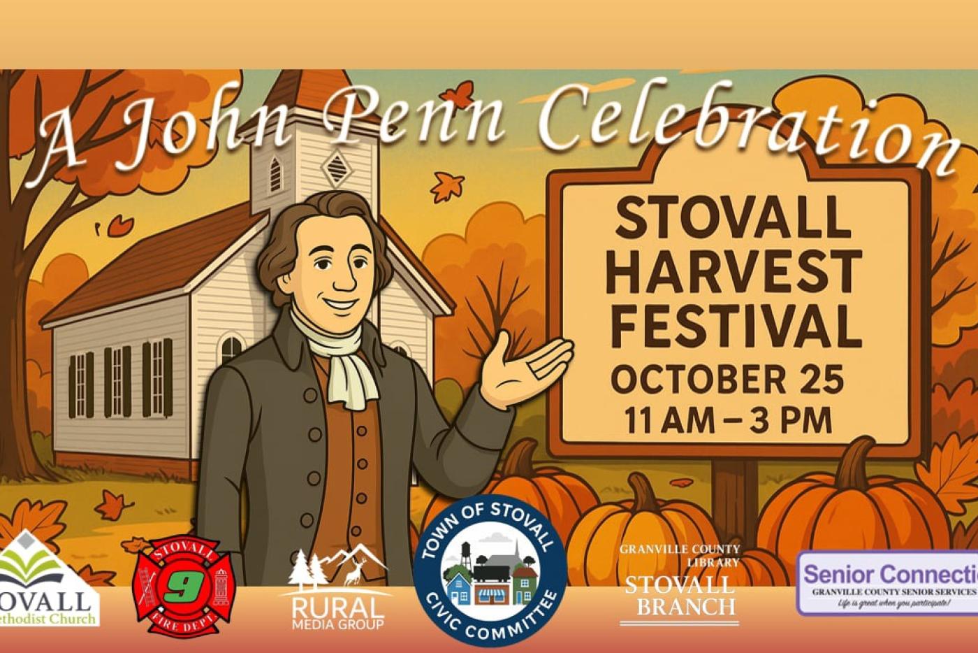 A man raising his hand towards a sign reading 'Stovall Harvest Festival'.