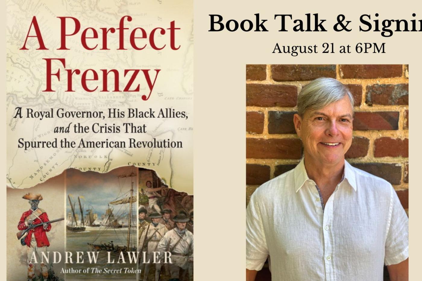 The cover of "A Perfect Frenzy" with an image of the author, Andrew Lawler, next to it.