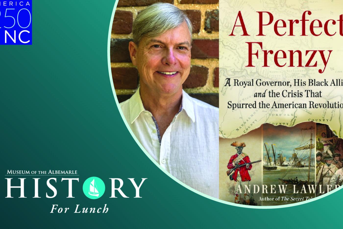 A green graphic detailing the event, while also providing images of A Perfect Frenzy and its author Andrew Lawler.