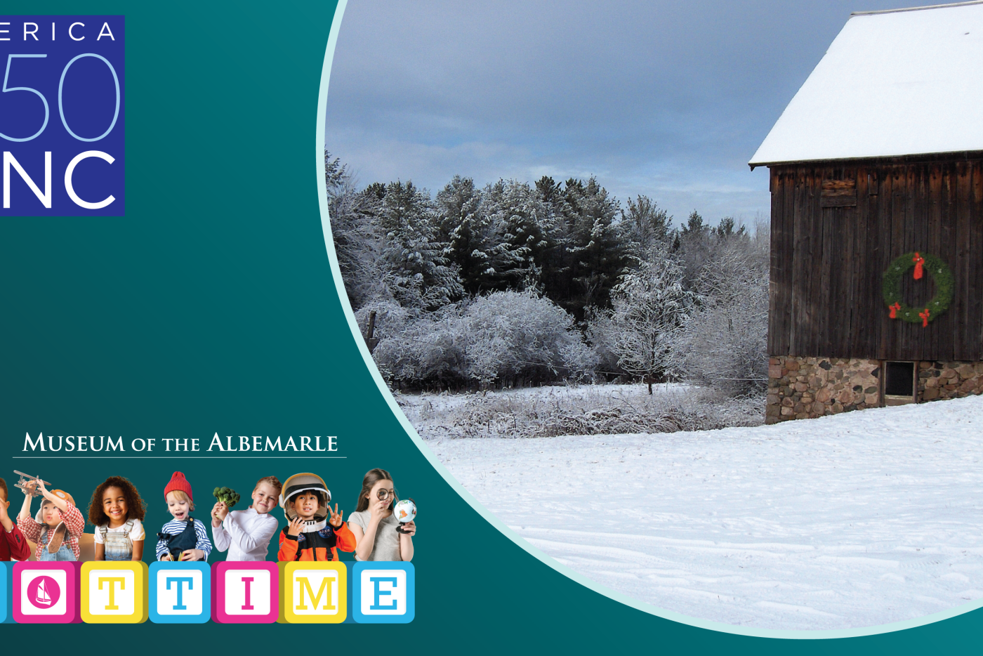 A green graphic detailing information about the event, while also featuring a photo of a shed covered in snow.