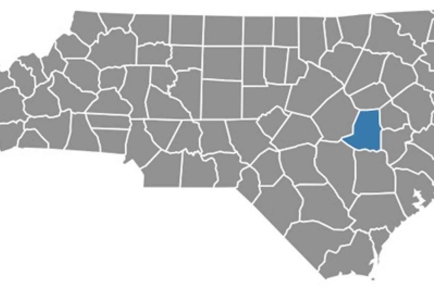 North Carolina map with most counties in gray but Wayne county in blue