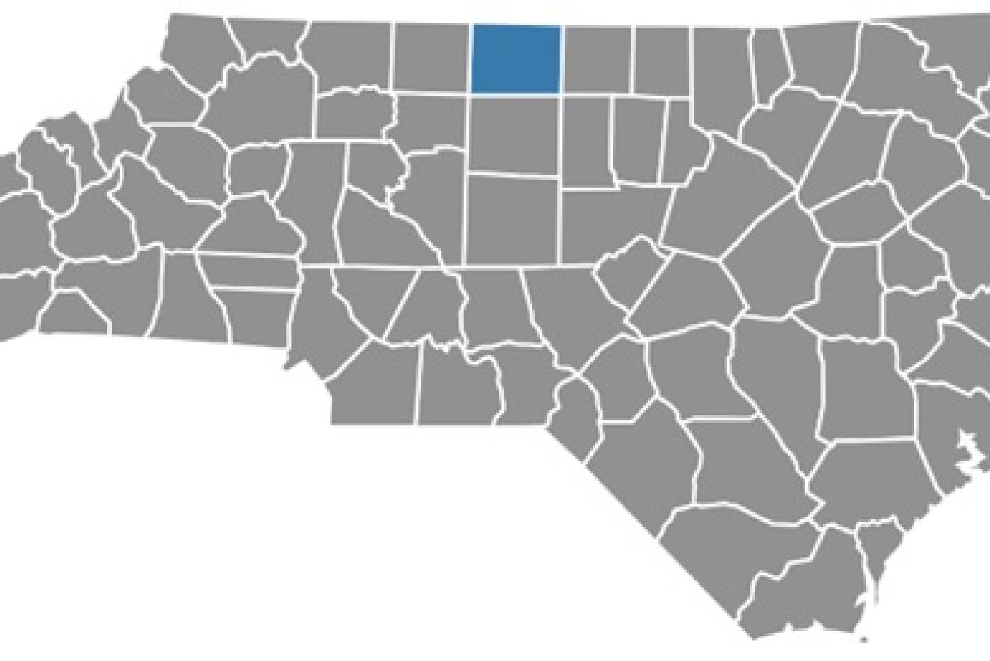 Map of North Carolina with Rockingham County Highlighted in Blue