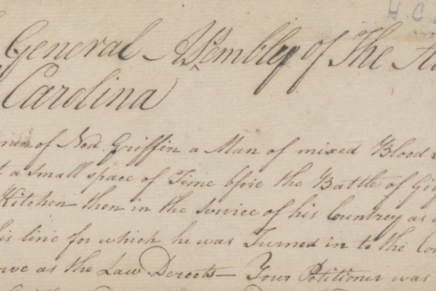 Legislative action was required to grant Ned Griffin his freedom. General Assembly Session Records, May 15, April-June 1784, box 3, State Archives of N.C.