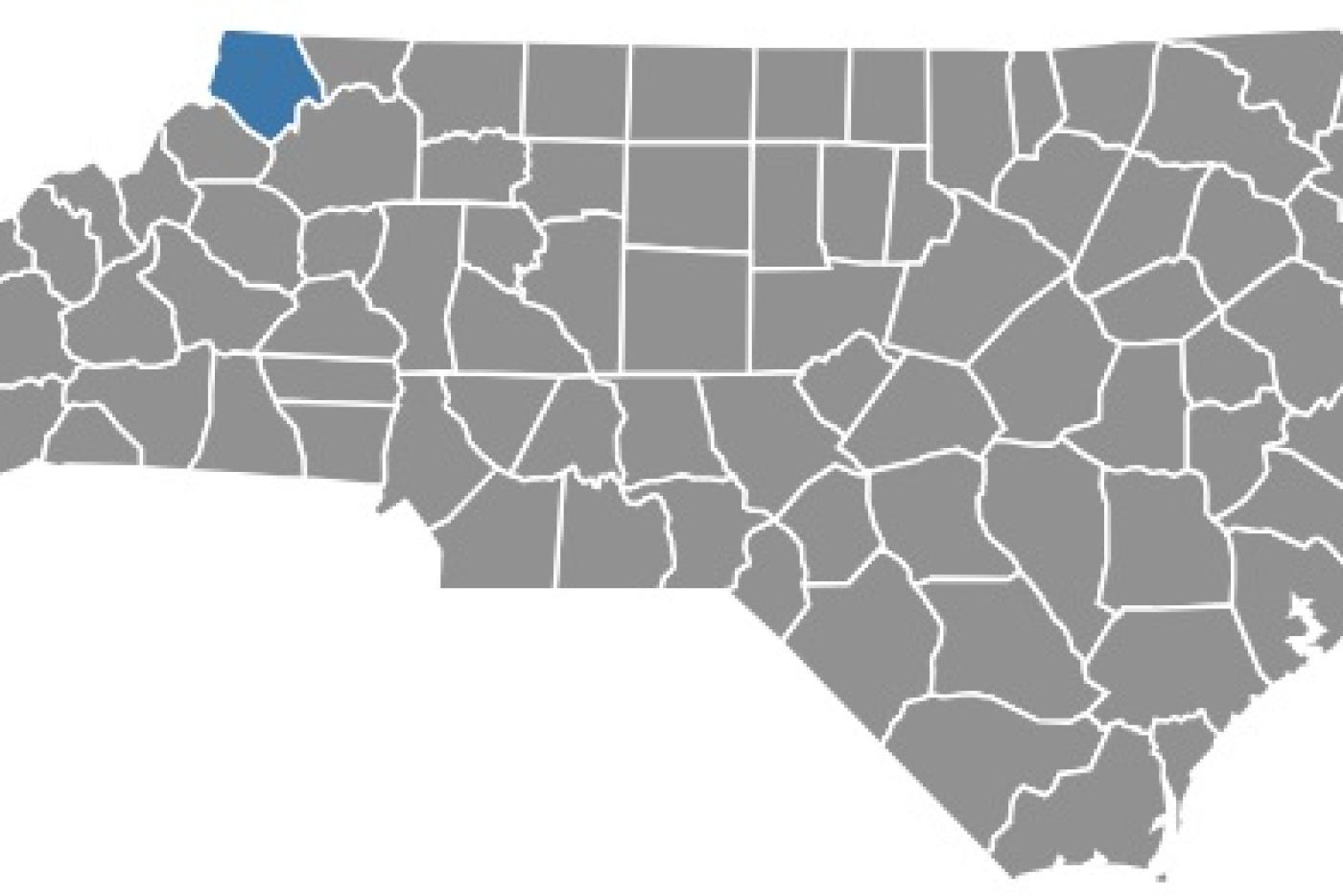 NC Map with Ashe County Highlighted in Blue