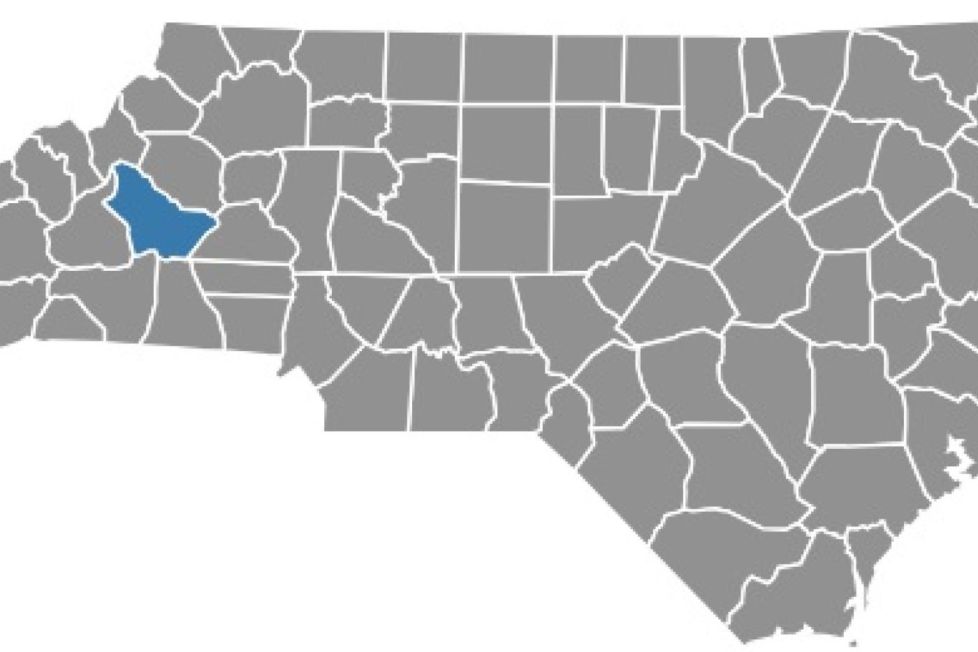 Burke County highlighted in blue on a map of all 100 NC counties