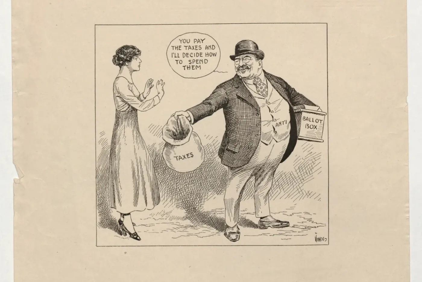 political cartoon with a man holding a tax bag up to a woman