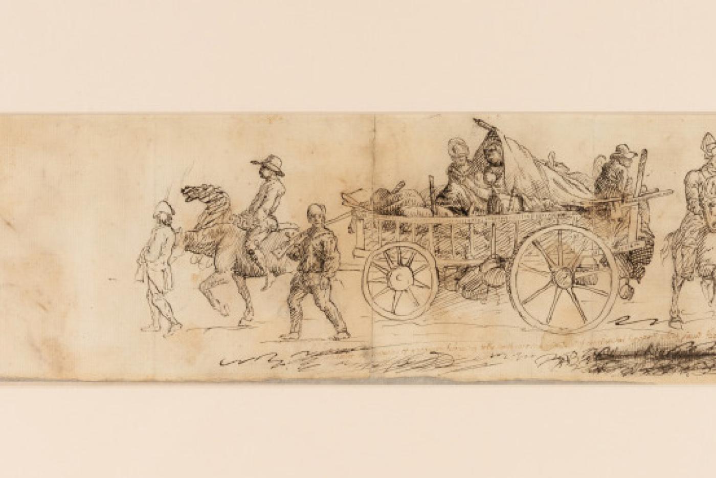 “An exact representation of a waggon belonging to the north carolina brigade of continental troops which passed thro Philadelphia.” Drawn by Pierre Eugène du Simitière. Philadelphia, Pennsylvania. 1777. Ink on Paper
