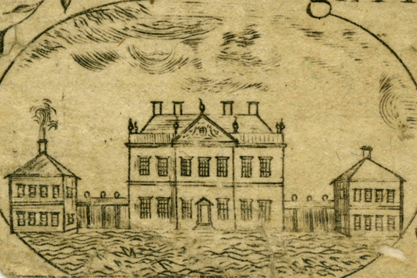 Antique-style illustration of a large, symmetrical two-story house with multiple chimneys, centered between two smaller buildings and connected by low walls, set within an oval frame on aged paper.