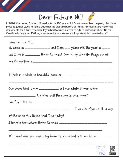 Dear Future NC children's worksheet