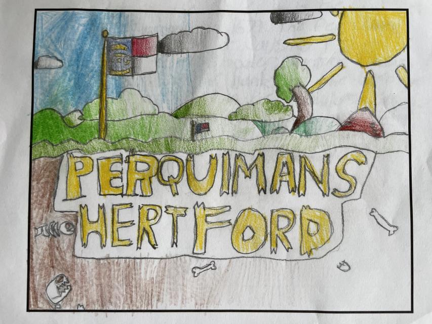 Hand drawn flag with a sun, NC flag, and says Perquimans