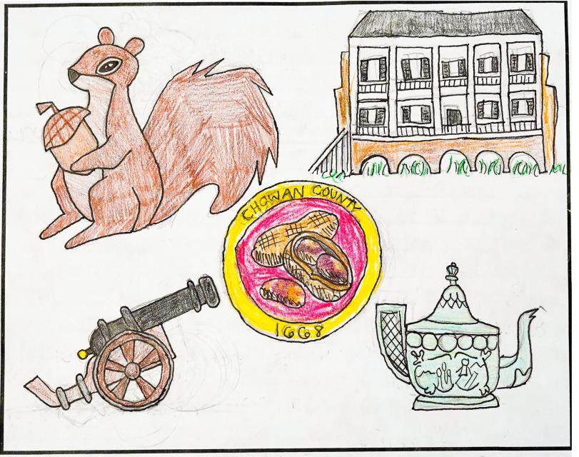 Drawn design with squirrel, building, cannon, teapot, and peanuts