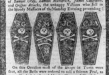  Old black and white image of a newspaper with an illustration of four coffins bearing skulls and crossbones and the initials of those killed.