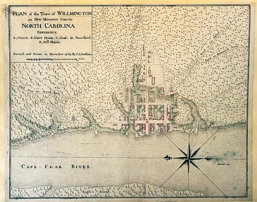 Old map showing the colonial town of Wilmington, North Carolina on the banks of the Cape Fear River.  
