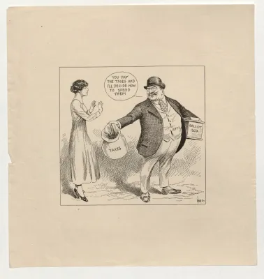 political cartoon with a man holding a tax bag up to a woman
