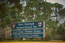 Entry sign that reads 'Fort Raleigh National Historic Site' 