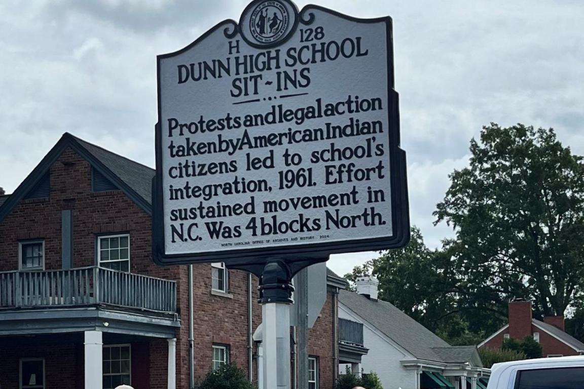 Protests and legal action taken by American Indian citizens led to school's integration, 1961. Effort sustained movement in N.C. Was 4 blocks North.