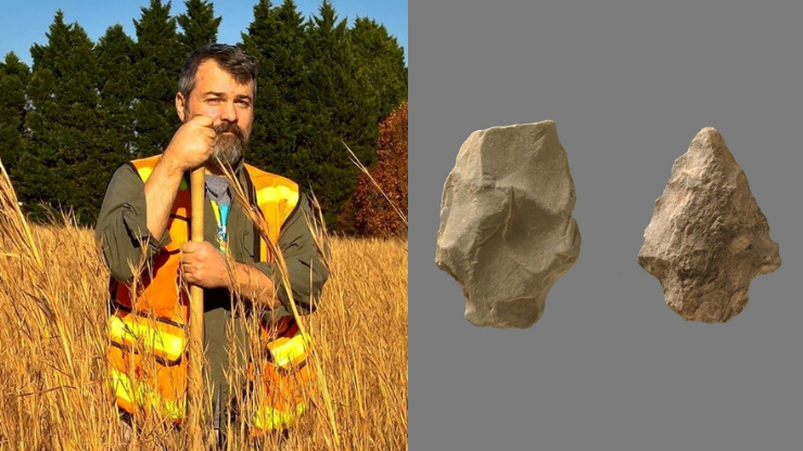 Archaeologist in a field with shovel and reflective vest; 2 projectile points