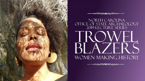 On left: woman under tree, moss, eyes closed. On Right: Title - NC OSA Lecture series - Trowel Blazers