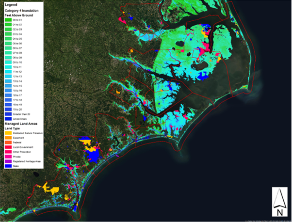 State-owned and managed lands overlaid with Category 4 Storm Surge data from NOAA’s SLOSH Model