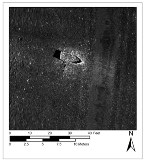 Side scan sonar image of a small boat
