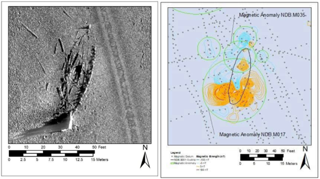 Left: side scan sonar image of centerboard schooner. Right: Magnetic anomalies associated with centerboard schooner.