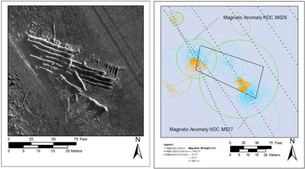 Left: side scan sonar image of wooden barge. Right: magnetic anomalies associated with a wooden barge.