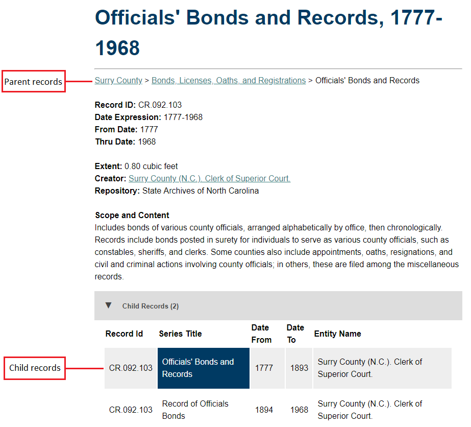 Screenshot of Surry county catalog entry, indicating which section contains the parent records and which contains the child records.