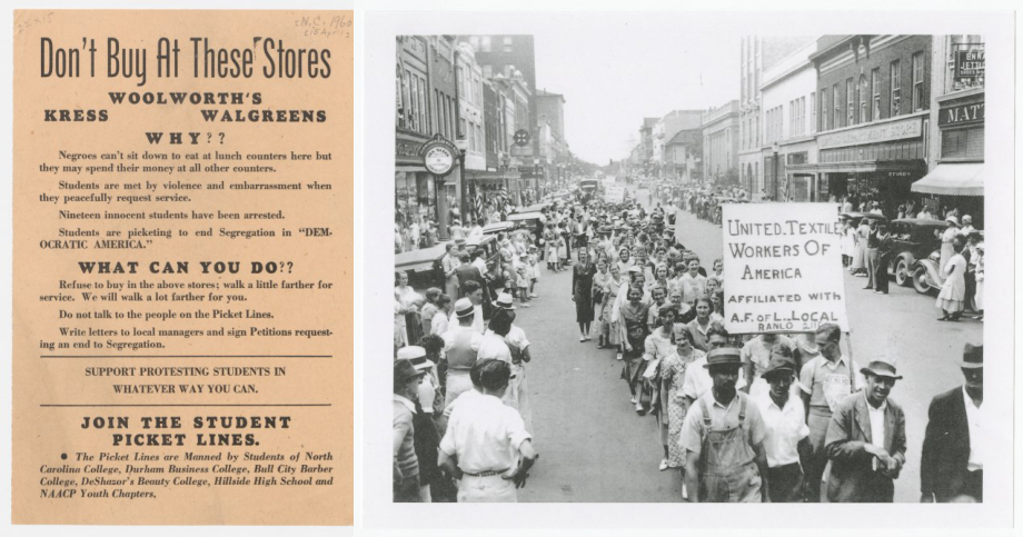 Collage of civil rights broadsides and workers marching