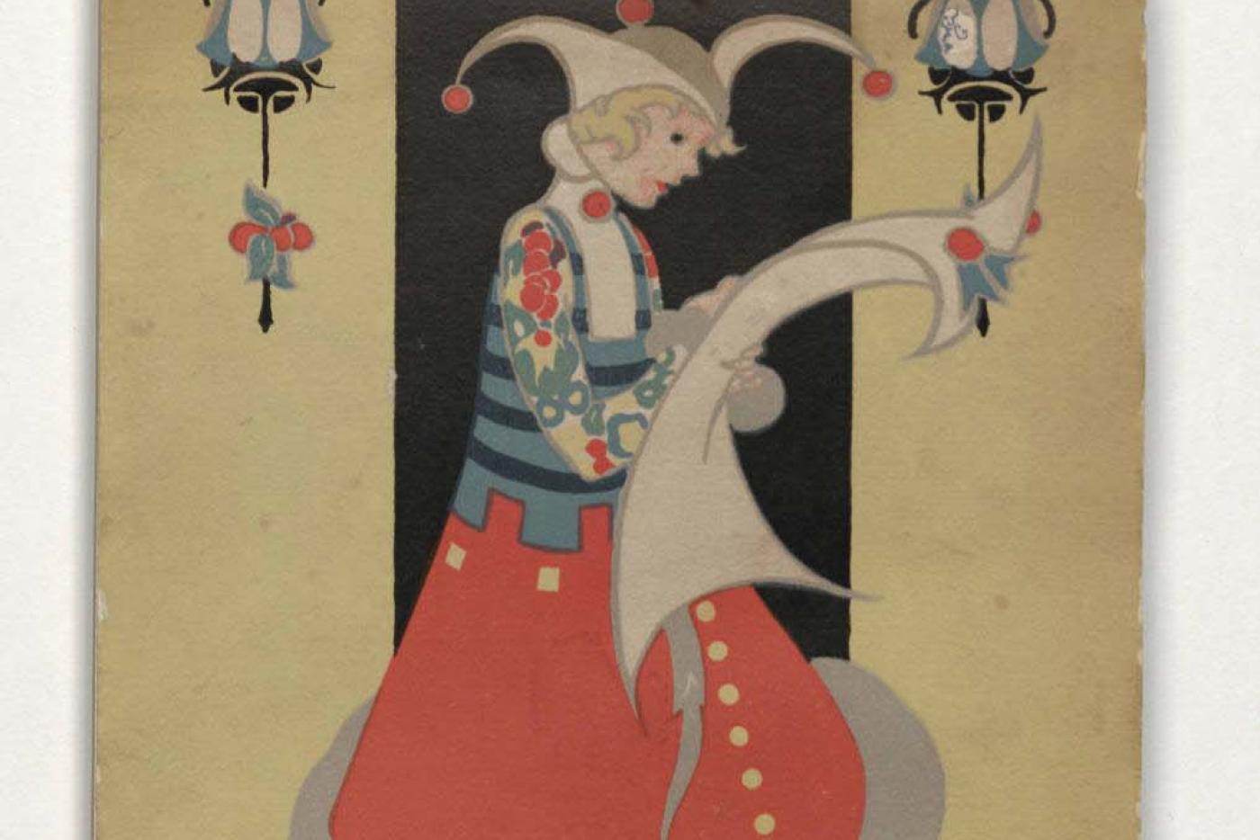 Woman in a jester costume and holding a scroll with two owls are the top of a calendar exterior