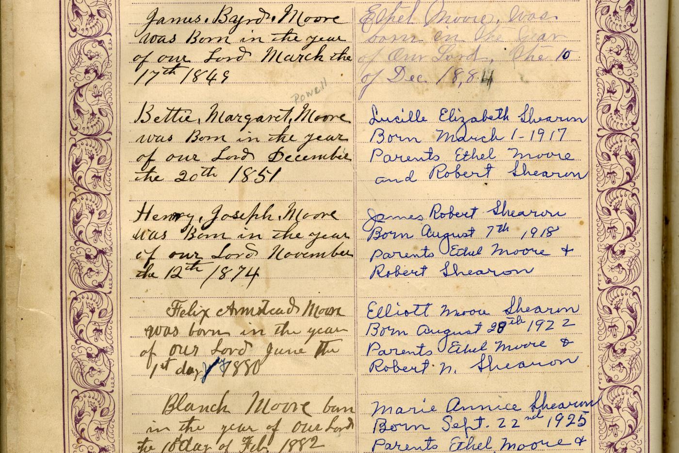 Parchment paper titled Births with a floral border and handwritten names