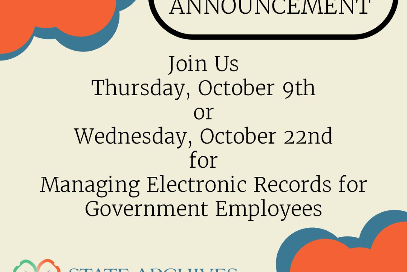 Brochure announcing workshops in October for the State Archives.