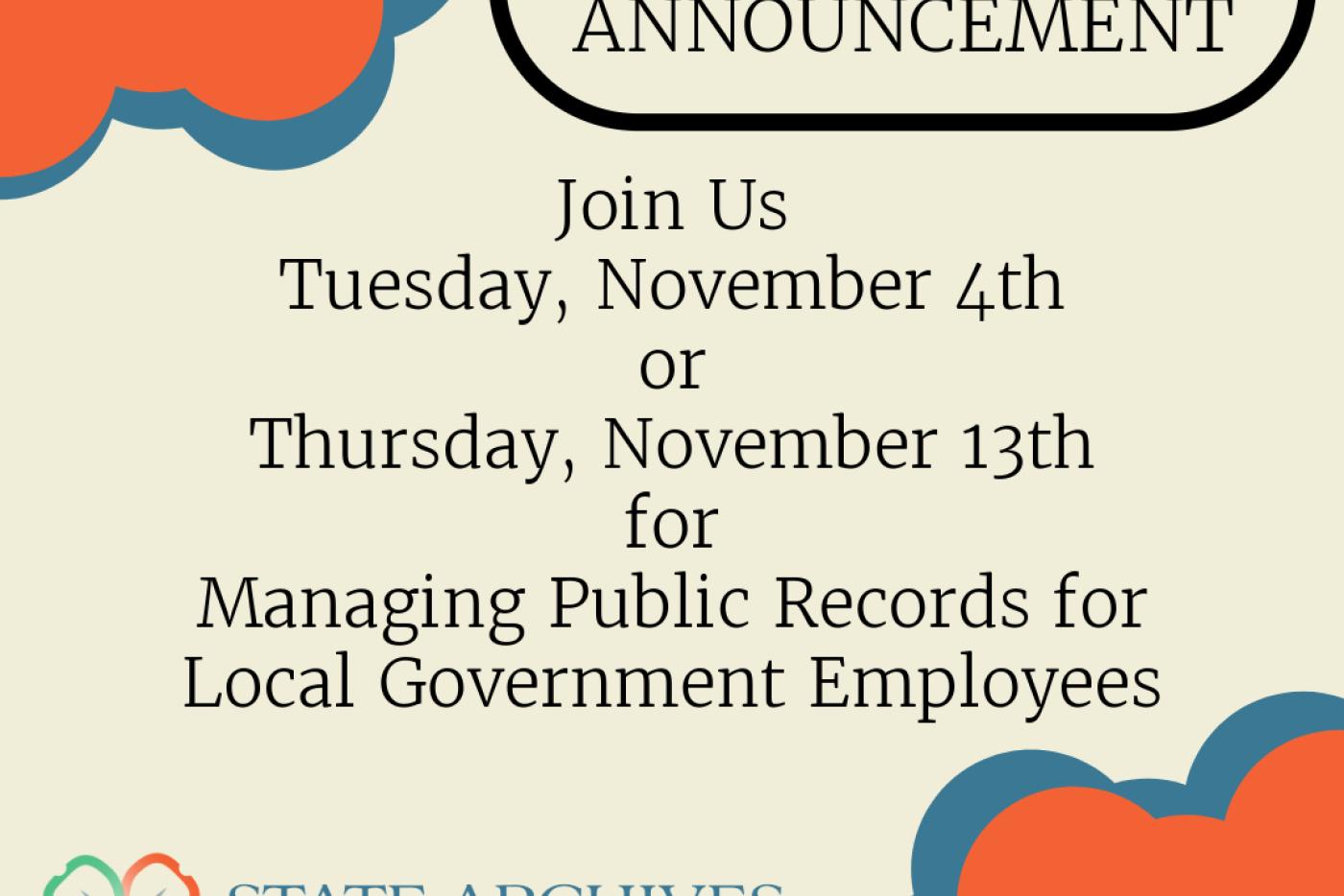 Brochure announcing November workshops for the State Archives. 
