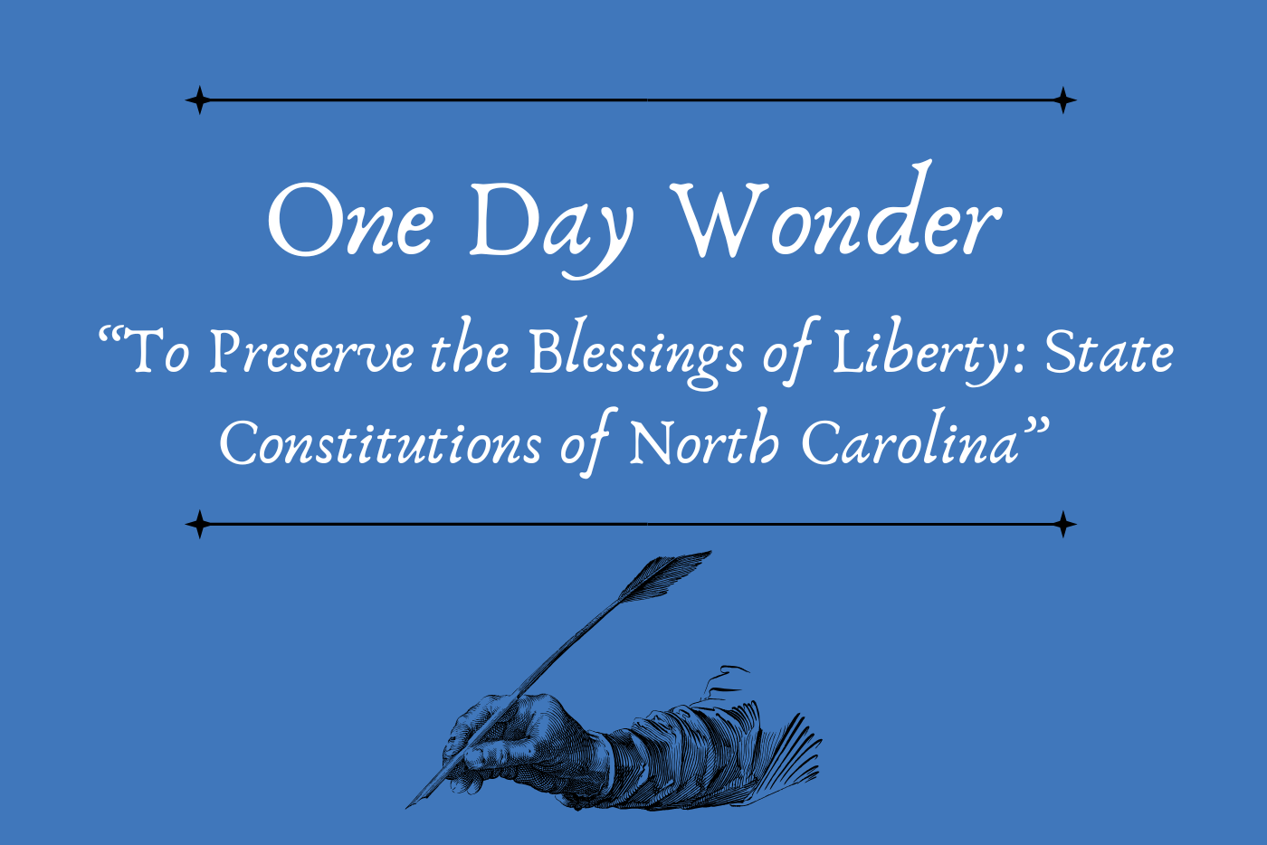 hand holding quill with blue background