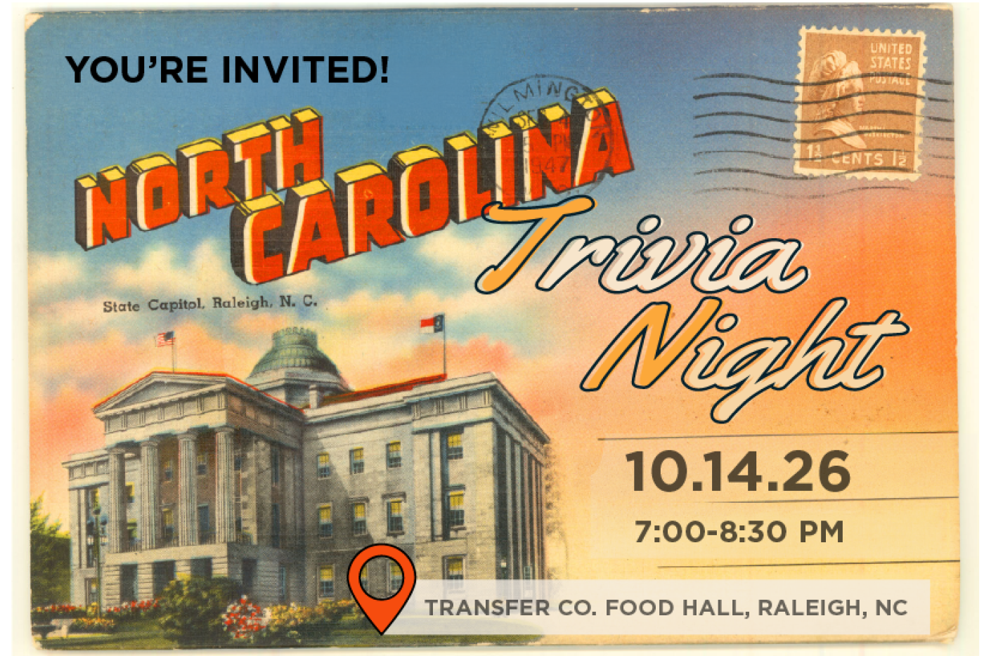 an old style post-card with the NC capitol on it promoting trivia night