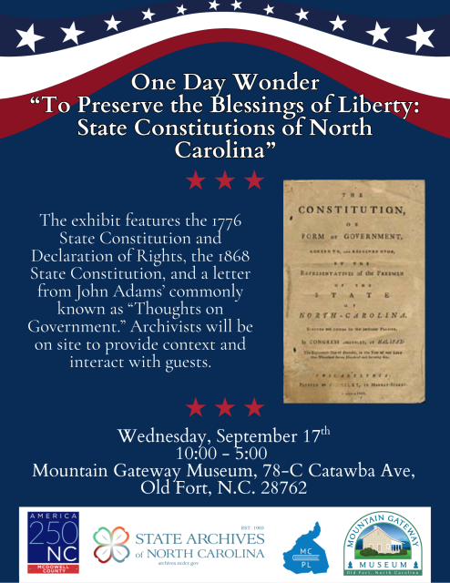 Flyer for the one day wonder exhibit featuring the 1776 and 1868 state constitutions and a letter from John Adams