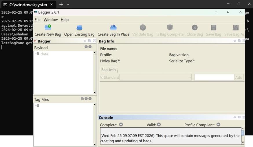 Screeshot shows Bagger's GUI interface and a black terminal window nested behind it.