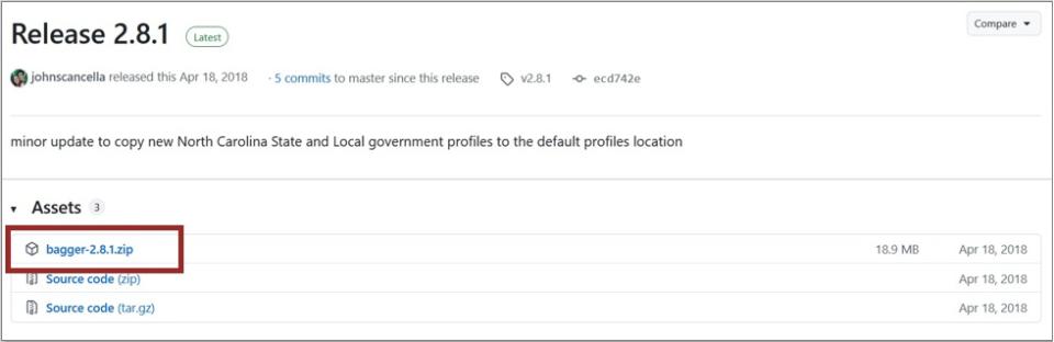 Screenshot from Bagger GitHub page. Dark red rectangle frames the latest release available for download.