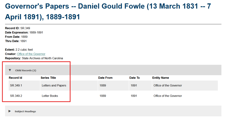 Screenshot of a Governor's Papers record for Daniel Gould Fowle with Child Records circled.