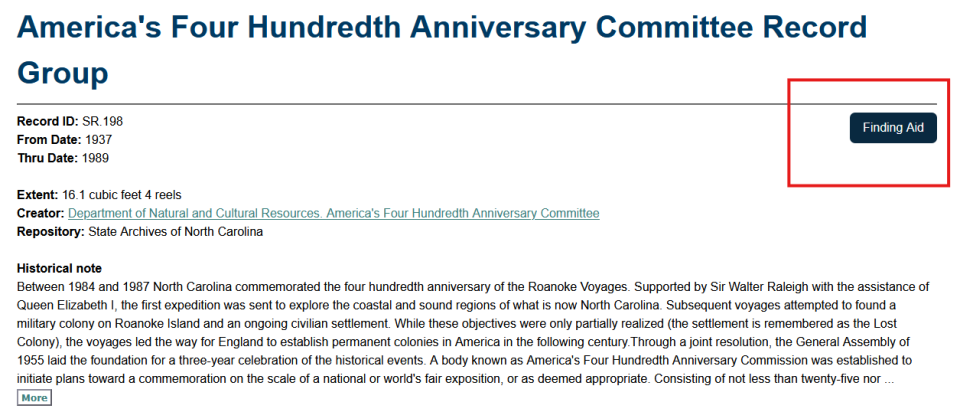 America's Four Hundredth Anniversary Committee record group screenshot.