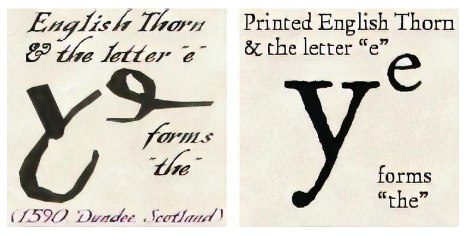 Written English thorn displayed next to a printed English thorn with the letter "e"