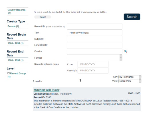 View of search results in the State Archives catalog.