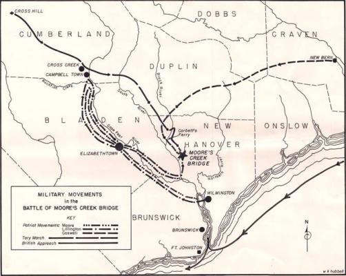 Map showing Moore's Creek bridge military movements in Hanover County.