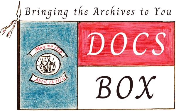 Hand drawn logo of a red white and blue flag from the 18th Century. 